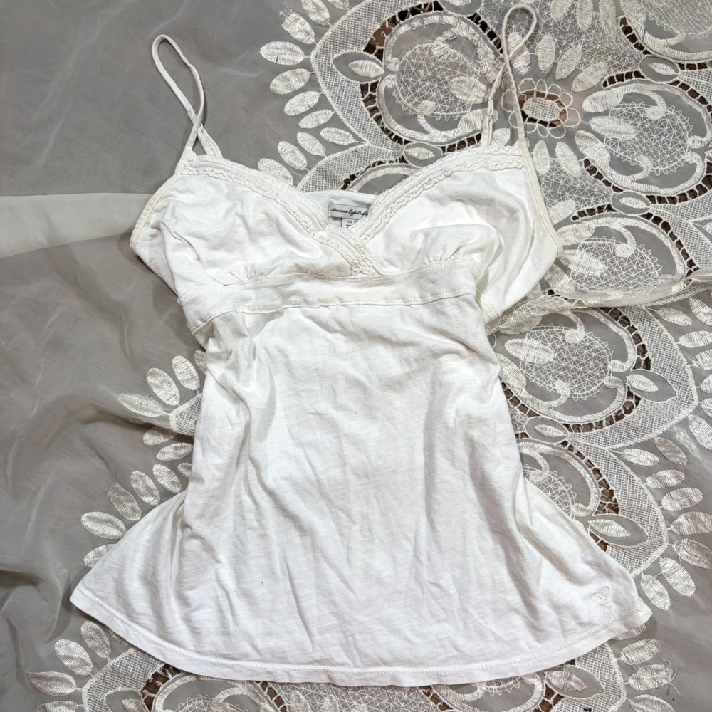 Y2K Babydoll Rare American Eagle White Cotton Lace Trim Camisole Tank Top L